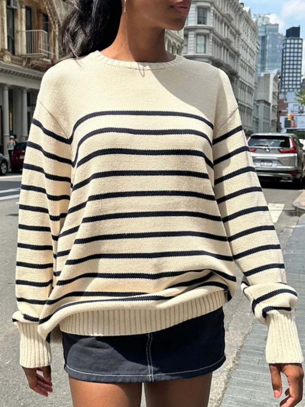 BRANDY MELVILLE Striped Crewneck Sweater in Cream Black MARTHA COTTON THIN O/S